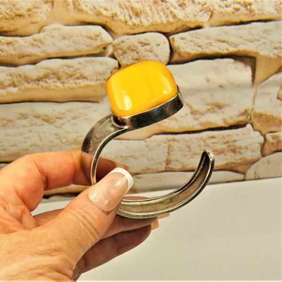 BOLD AMBER 925 SILVER ASYMMETRICAL BRACELET, Egg Yolk Amber Stone, Rare to Find - Picture 1 of 10